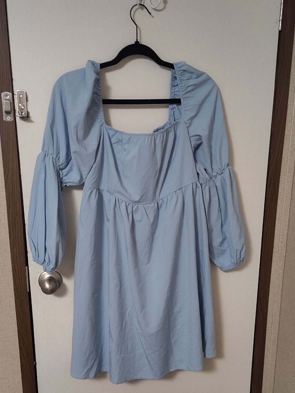 Square-Neck Light Blue Puff-Sleeve Wedding Guest Dress